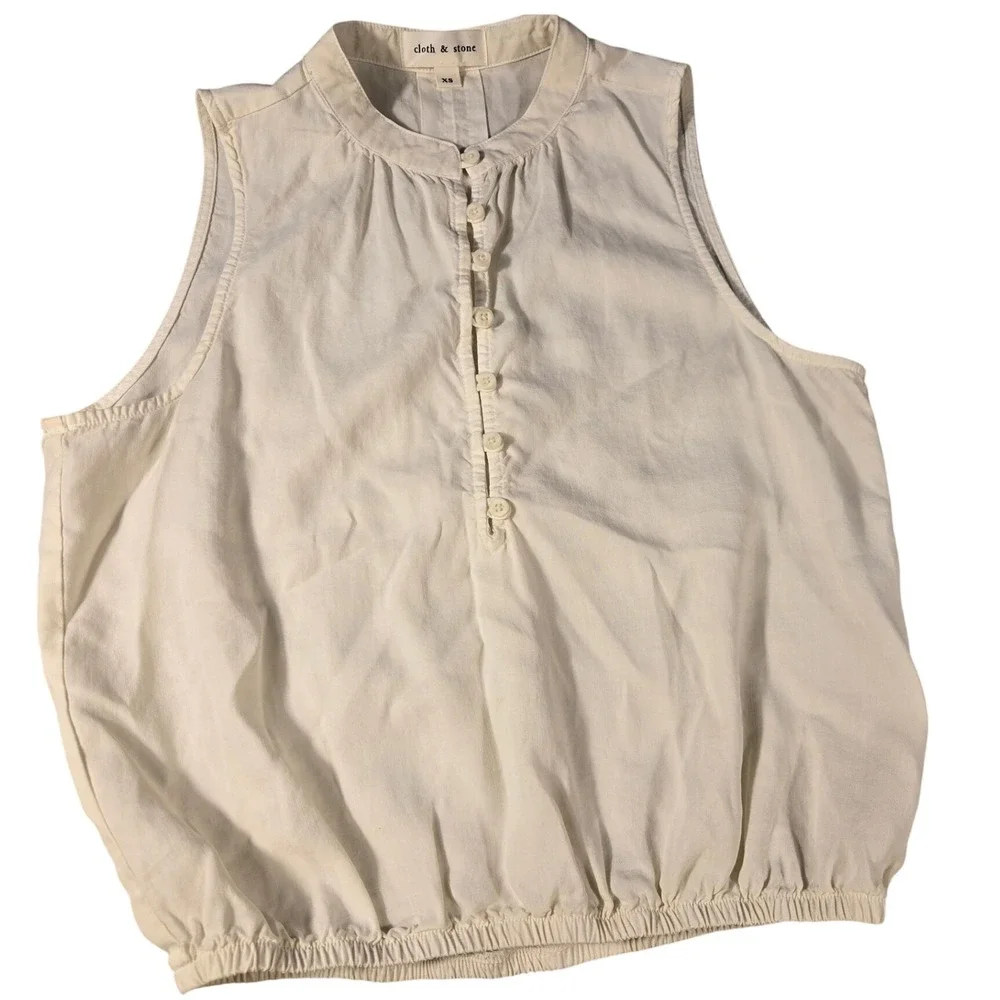 Cloth & Stone Womens Ivory Tencel Sleeveless Button Up Bubble Hem Top XS - Picture 2 of 7
